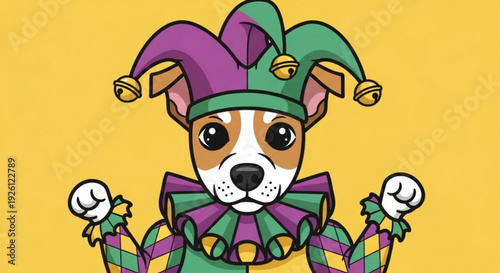 Playful dog in jester costume with colorful hat and outfit on yellow background for mardi gras or carnival