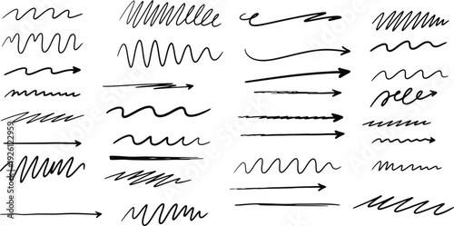 A collection of various hand-drawn scribble lines, wavy patterns, and arrows in black ink on a white background