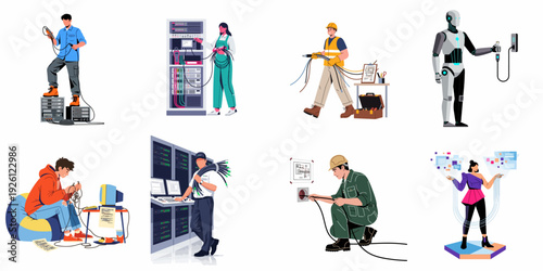 People and AI manage complex digital infrastructure. Professionals connect cables, maintain servers, and ensure data flow, highlighting network engineering, electrical work, and future technology.