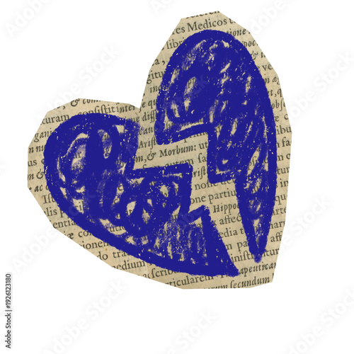 Hand drawn broken heart shape with crayon texture on paper collage for scrapbook 