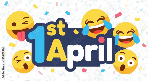 Laughing emojis celebrate april fools' day with colorful confetti on white background