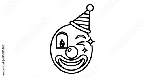 Winking smiling clown face with party hat and sparkles on white background