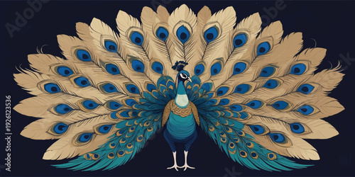 Luxurious Peacock Illustration with Golden and Blue Spread Feathers, Detailed Eye Patterns and Royal Elegant Bird Artwork Design.