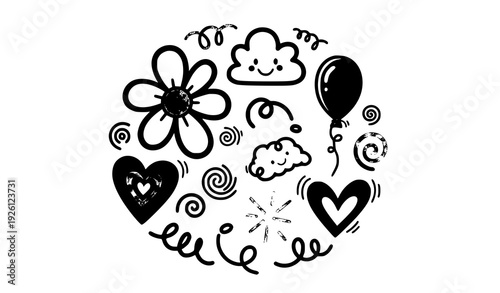 SEO Title
Funny Childlike Marker Doodle Elements Vector Set with Flower Cloud Balloon and Heart Icons