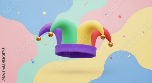 Jester hat with bells colorful 3D illustration for April Fools Day or costume party isolated on pastel background with stars