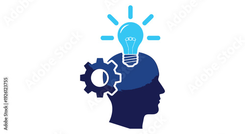 Human head vector illustration with a glowing lightbulb and gear, symbolizing innovative ideas and logical thinking process.