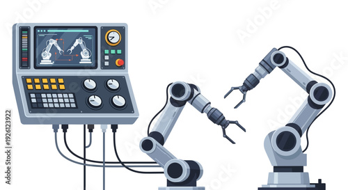 Industrial robotic arms connected to a control panel with a digital display showing robotic arms.