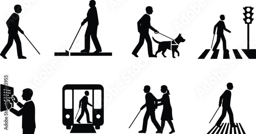 Silhouette icons of visually impaired individuals using white canes, guide dogs, Braille, assistance, and navigating public spaces safely.