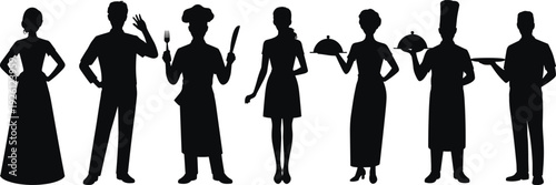 Restaurant staff silhouette set with waiter, waitress and chef holding tray and utensils isolated on white background vector