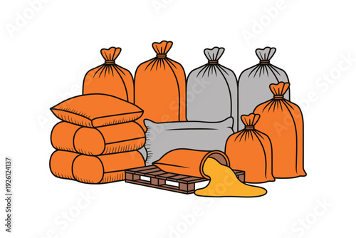 A pile of orange and gray sandbags on a wooden pallet