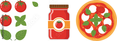 Tomato Ingredients and Italian Pizza with Basil Leaves and Sauce Jar Flat Vector Illustration Set
