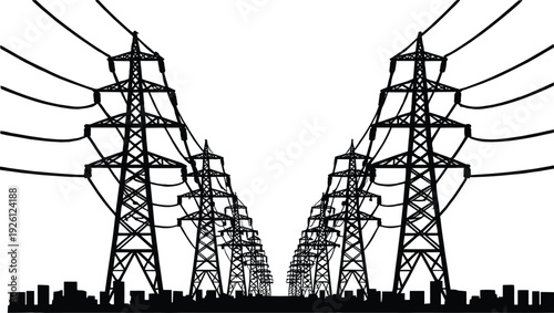 High Voltage Power Transmission Towers Silhouette with Overhead Electric Lines Above City Skyline, Energy Grid and Electricity Distribution Infrastructure Concept
