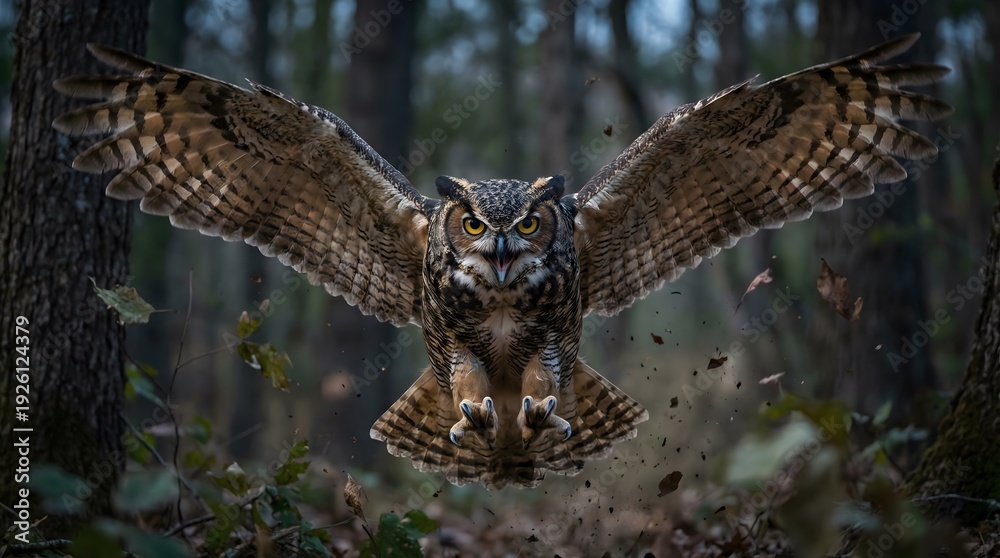 Fototapeta premium Furious Owl charging towards the camera, Owl fly, Owl attack with talons in the dark forest