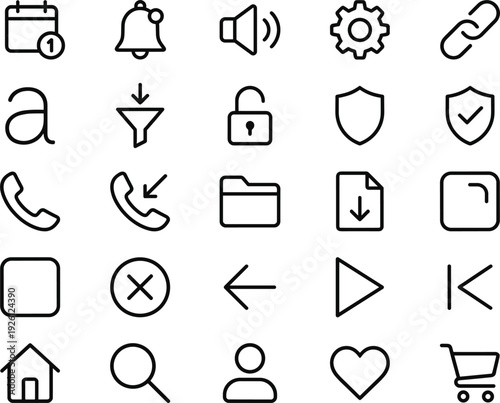 Minimal Line Interface Icon Set with Calendar, Bell, Settings, Phone, Folder, Lock, Shield, Search, User, and Shopping Cart Symbols