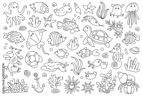 Flat cartoon vector illustration set, black and white sea animals and fish in kids style. Coral reef underwater world with ocean wildlife, sea plants, shells for children coloring books and designs