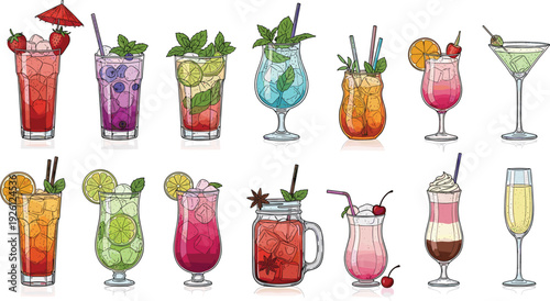 Hand Drawn Colorful Cocktail and Mocktail Collection with Fresh Fruit, Mint Leaves and Ice Cubes Detailed Beverage Vector Illustration Set
