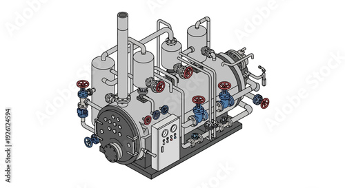 Detailed isometric illustration of a complex industrial boiler system with multiple pipes, valves, and gauges.