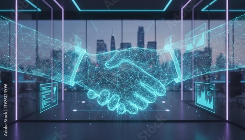 Global digital partnership and secure technology agreement with glowing wireframe handshake over a modern cityscape