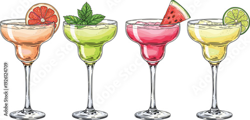 Hand Drawn Margarita Cocktail Glasses with Grapefruit, Mint, Watermelon and Lime Garnish Colorful Summer Drink Vector Illustration Set