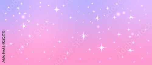Soft gradient sky in pink and lavender tones with sparkling stars and bokeh lights, magical abstract scene with dream pink glitter shine.