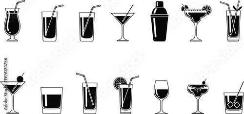 Black and White Cocktail Silhouette Icon Set with Martini Glass, Shaker and Mixed Drink Symbols Vector Collection for Bar Menu Design