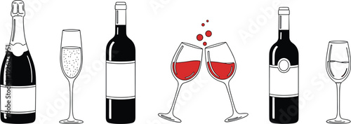 Wine and Champagne Bottles and Glasses Vector Set for Celebrations, Party, and Luxury Designs