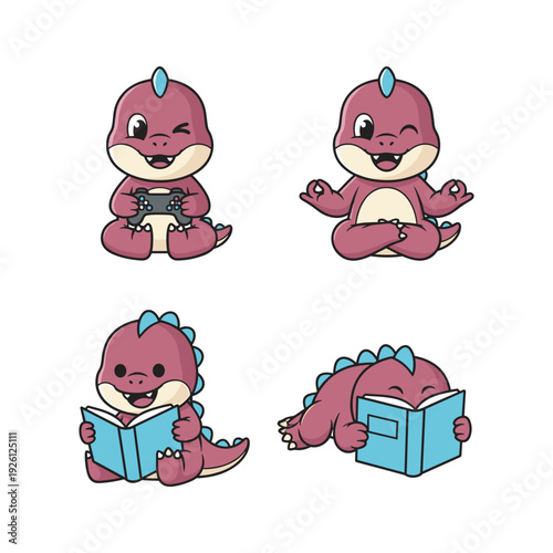Cute cartoon dinosaur reading book in various poses with copy space