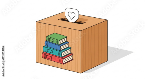Wooden ballot box with stack of colorful books and heart shaped vote slip