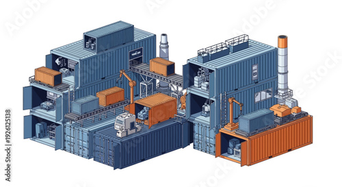 Modular factory constructed from shipping containers, showcasing automated assembly lines and industrial processes.