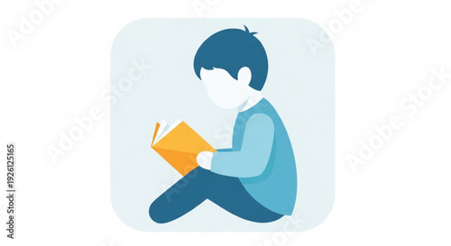 Young boy sitting cross legged reading a book with a calm expression illustrated in a minimalist style with soft blue and orange colors