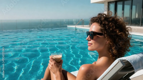Young caucasian female relaxing by a pool with ocean view on a sunny day.