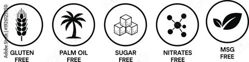 Set of black food dietary label icons including gluten free palm oil free sugar free nitrates free and msg free symbols for healthy product packaging.