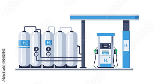 Illustration of a hydrogen refueling station with storage tanks and a dispenser for vehicles.