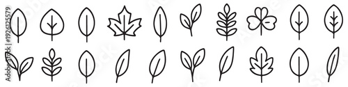 leaf icon set line style. Leaves of trees and plants, Leaves icon Collection, design for natural, eco, bio, and vegan labels. Vector illustration.