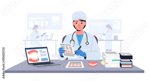 Orthodontist Consultation Showing Tooth Alignment Report on Computer Screen Flat Vector