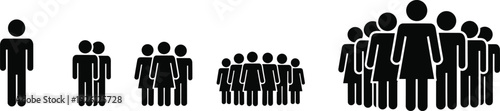 Set of black people silhouettes representing various group sizes from a single individual to a large crowd for demographic and social community data visualization. (25 words)