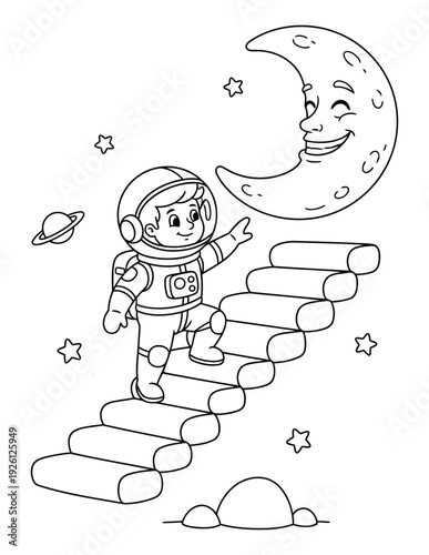 Astronaut coloring page walking up stairs toward smiling moon
