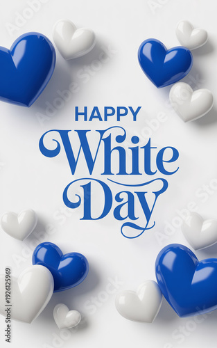 Happy White Day Greeting Card with Romantic Blue and White Hearts Floating on White Background, Expressing Love, Friendship Gifts, Romantic Celebration, Valentine's Day Alternative, Spring Holiday Mes