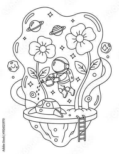  Astronaut coloring page watering giant flowers on floating planet
