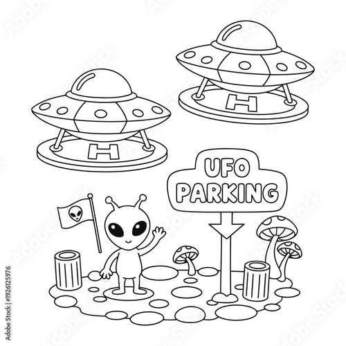  UFO coloring page with cute alien and parking sign illustration