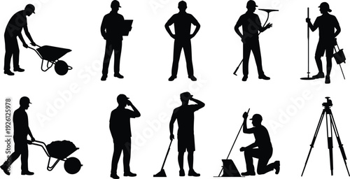 Construction survey worker silhouettes wheelbarrow inspection measuring team collection, builder occupation people illustration concept set
