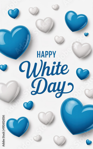 Happy White Day Celebration Greeting with Numerous Romantic Blue and White Glossy Hearts Floating on a Clean White Background - Ideal for Valentine's Day, Bridal Showers, Anniversaries, Romantic Event