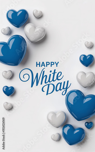 Happy White Day greeting with a romantic display of glossy blue and white heart shapes floating and clustered on a clean, bright white background, perfect for festive celebrations, romantic occasions,