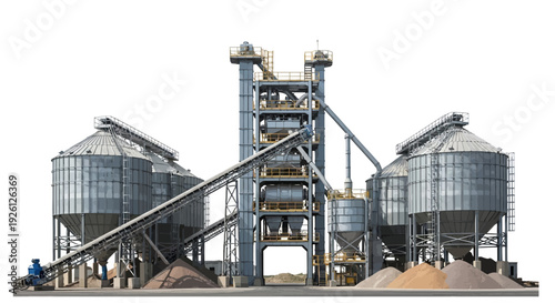 A large industrial complex with multiple silos, conveyor belts, and processing towers, set against a white background.