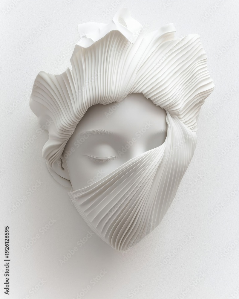 custom made wallpaper toronto digitalSculpture of a face covered with draped fabric, displayed on a white wall in a modern art gallery