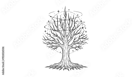 Enchanted Barren Tree with Celestial Stars Black and White Outline Vector Art