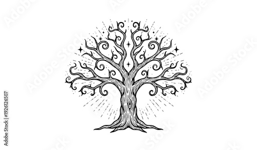 Glowing Magical Dead Tree with Stars Black and White Line Art Vector Illustration