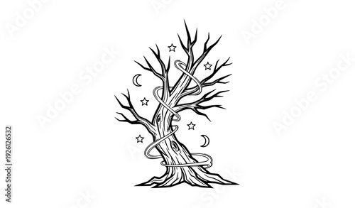 Haunted Magical Dead Tree with Moon and Stars Black White Line Art Vector