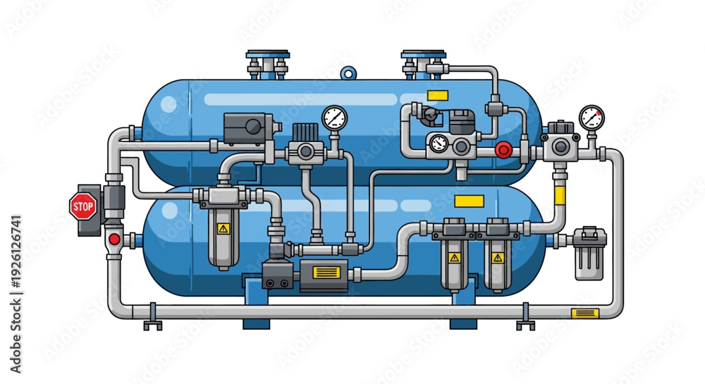 Naklejka premium Illustration of a complex industrial air compressor system with multiple tanks, pipes, gauges, and filters.