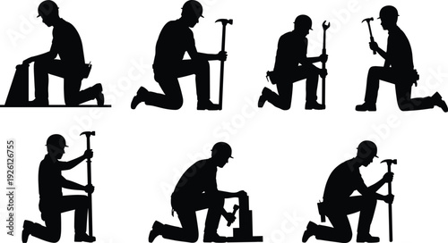 Construction worker kneeling silhouettes set, builders holding hammer wrench isolated black shadow figures collection